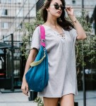 A large, dark blue bag made of eco suede with stripes in fuchsia and lime (1)