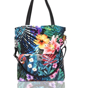 Fantastic tote bag with an exotic pattern, palms, flowers