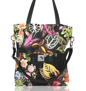 Black tote bag with flowers and outer pockets