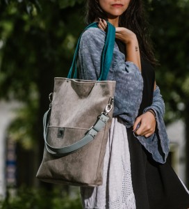 A large gray suede bag with turquoise and mint stripes (1)