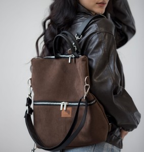 2in1 Tasche/Rucksack aus Polster-Nubuk Dunkelbraun